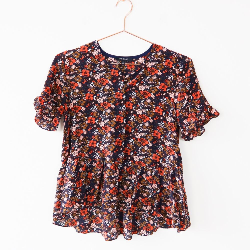 Madewell Silk Studio Ruffle Hem Top in Prairie Blossoms XS